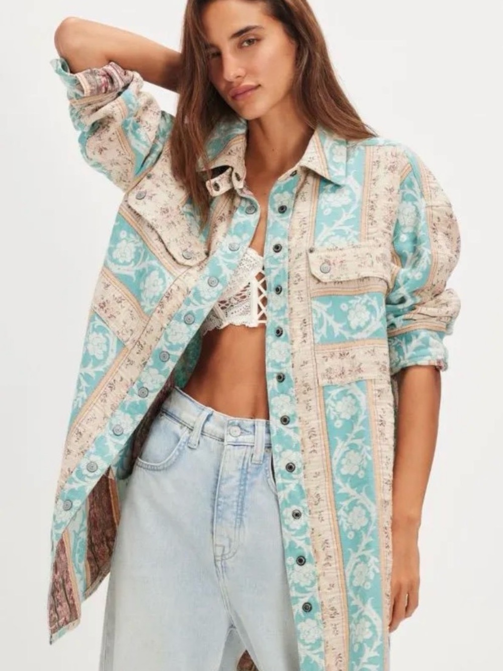 Free People *$198* We The Free Wonderland Fog Jacquard Shirt Blue Combo S